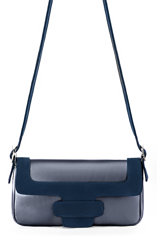 Denim blue women's dress handbag, matching pumps and belts. Top view - Florence KOOIJMAN